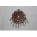 Vintage Antique Tribal Silver Pendant with Green and Red Crystals, Without Chain